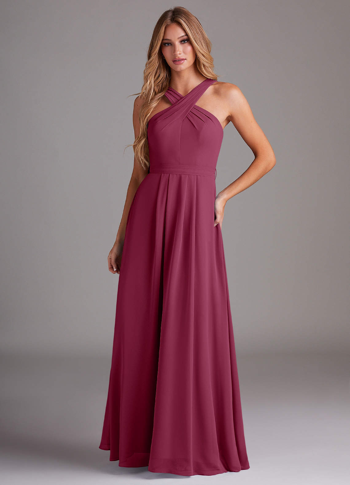 Azazie Dixie Bridesmaid Dresses Mulberry A-Line Halter Pleated Chiffon Dress image1