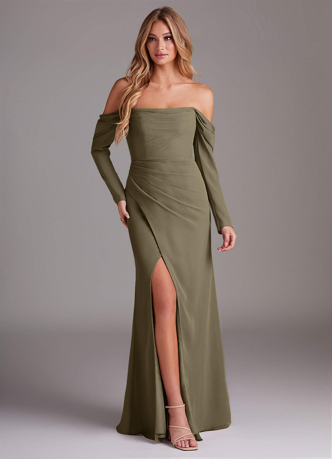 Azazie Hallie Brautjungfernkleider Meerjungfrau-Linie Langarm Chiffon Kleid Weidengrün image1