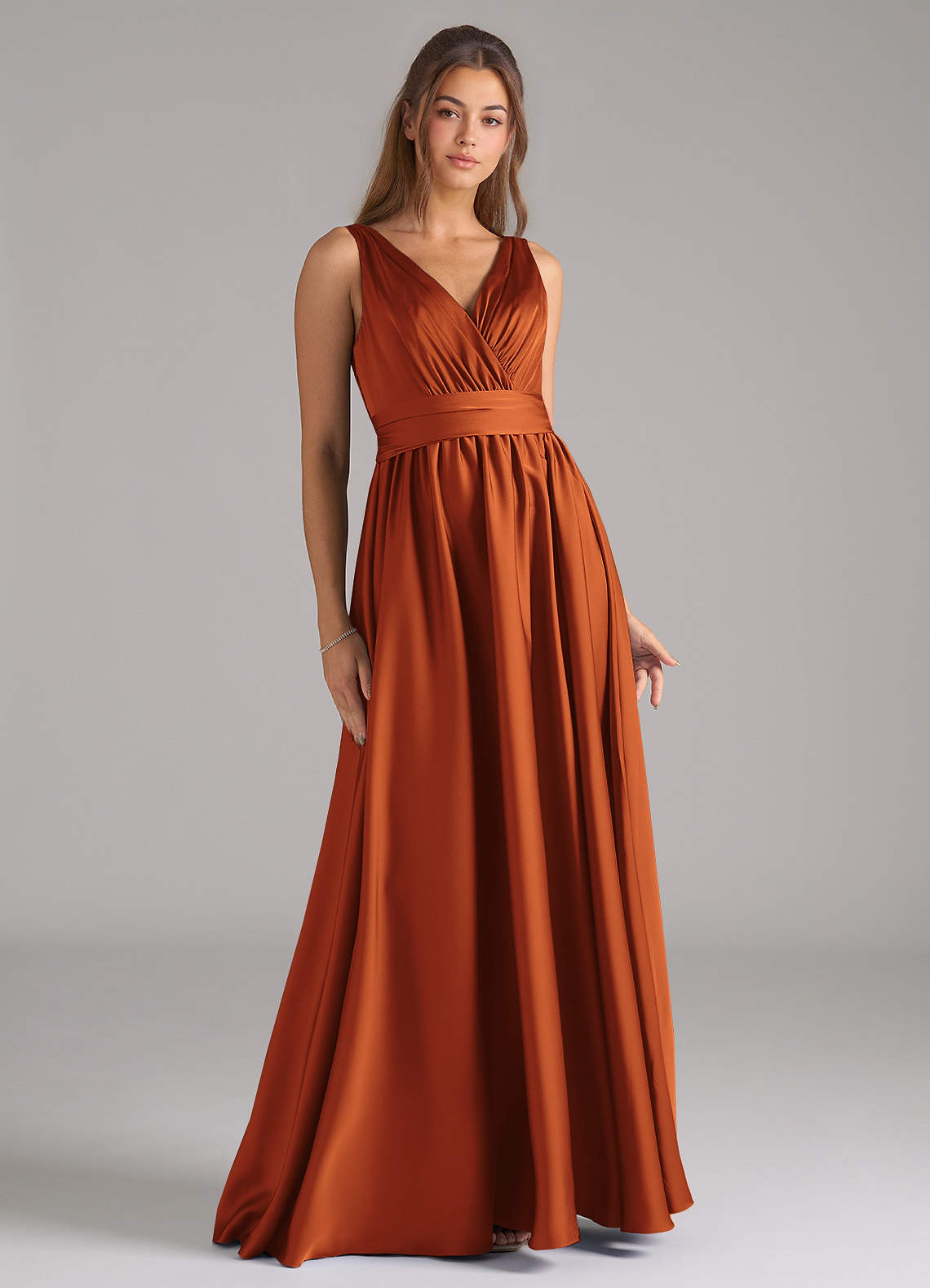 Azazie Kora Bridesmaid Dresses Cinnamon A-Line Pleated Stretch Satin Dress image1