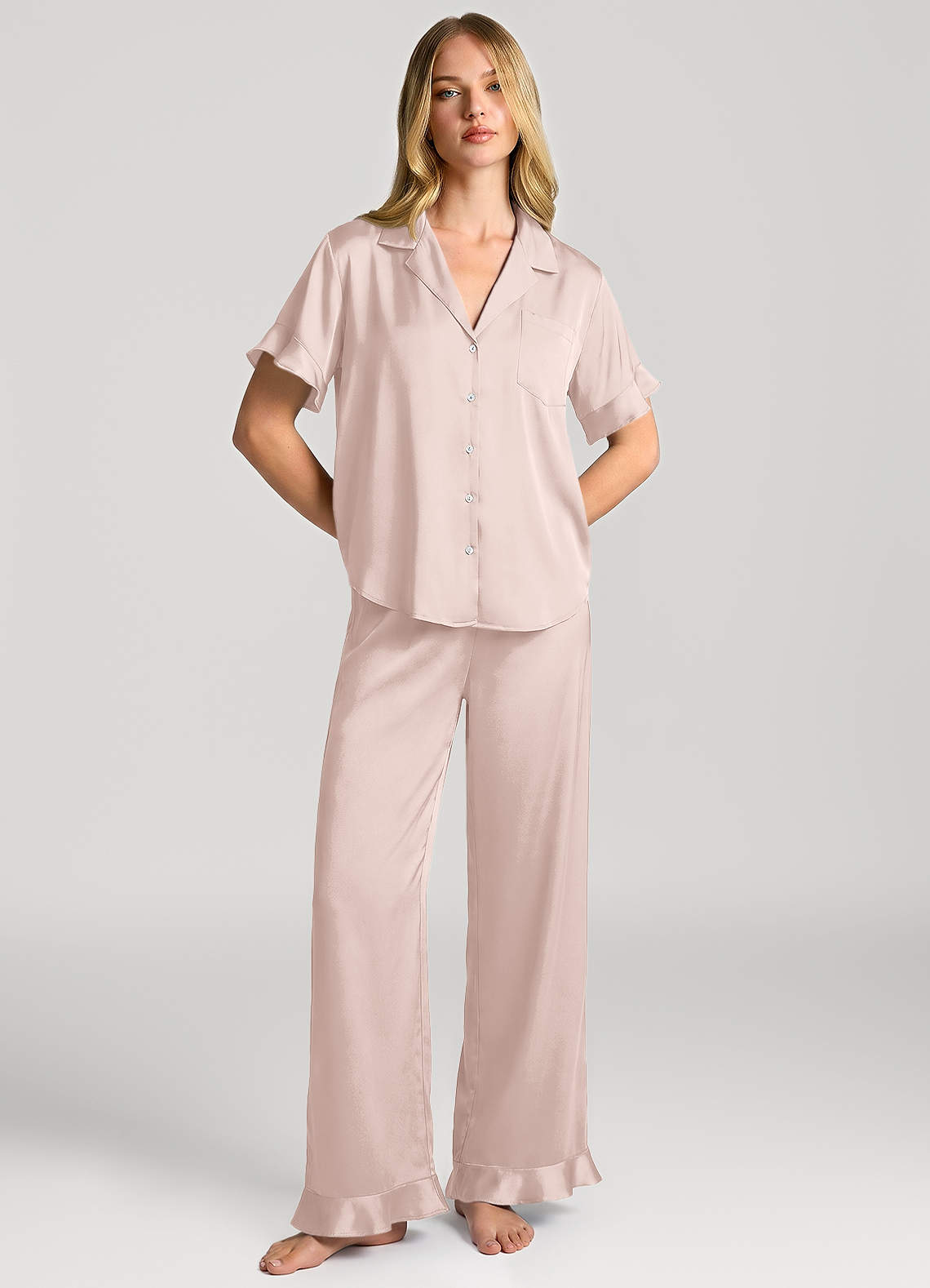 front Matching Color Ruffled Short Sleeve Long Pants Pajama Set