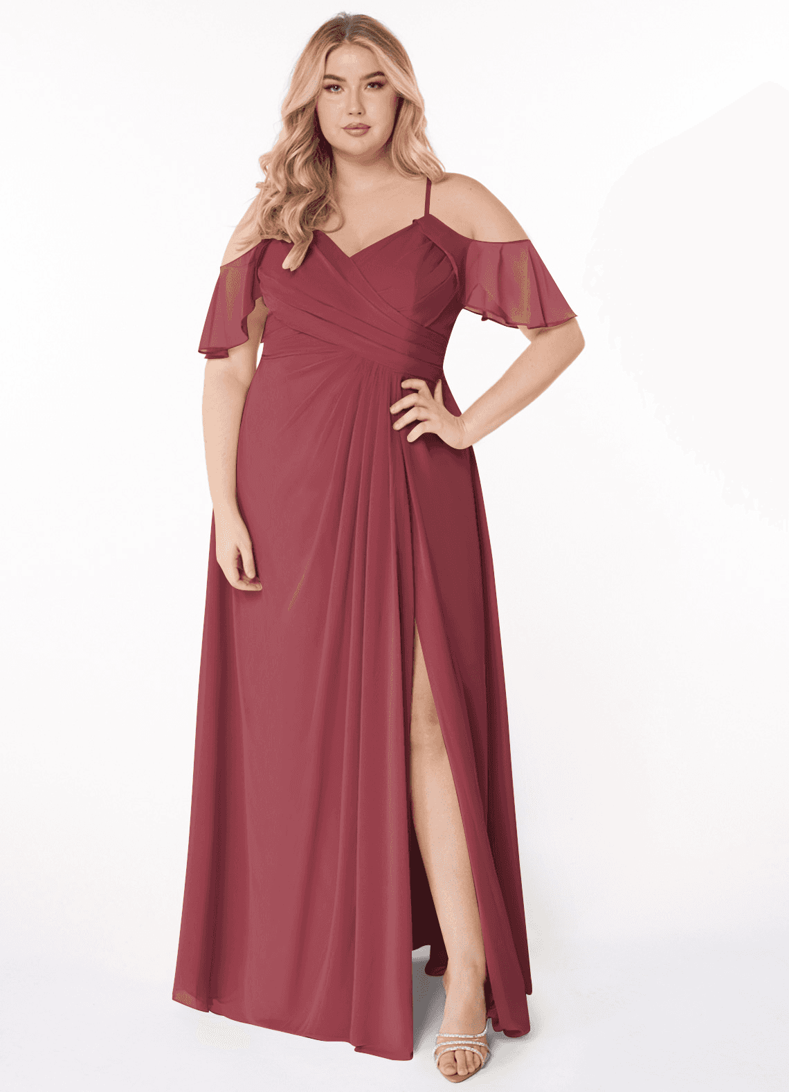 Azazie Dakota Bridesmaid Dresses Merlot A-Line V-Neck Pleated Chiffon Dress image1