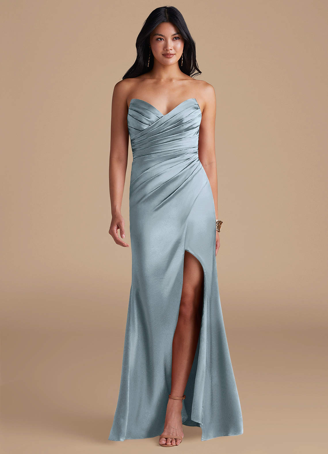 Azazie Yola Bridesmaid Dresses Dusty Blue Sheath Pleated Metallic Satin Dress image1