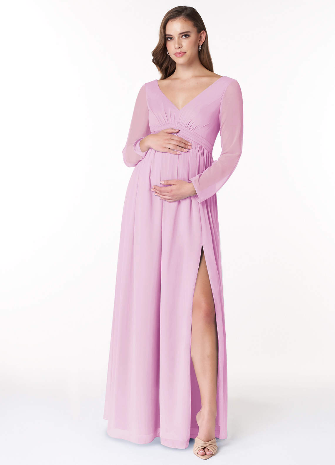 Azazie Teton Brautjungfernkleider für Schwangere A-Linie Langarm Chiffon Bodenlänge Kleid image1
