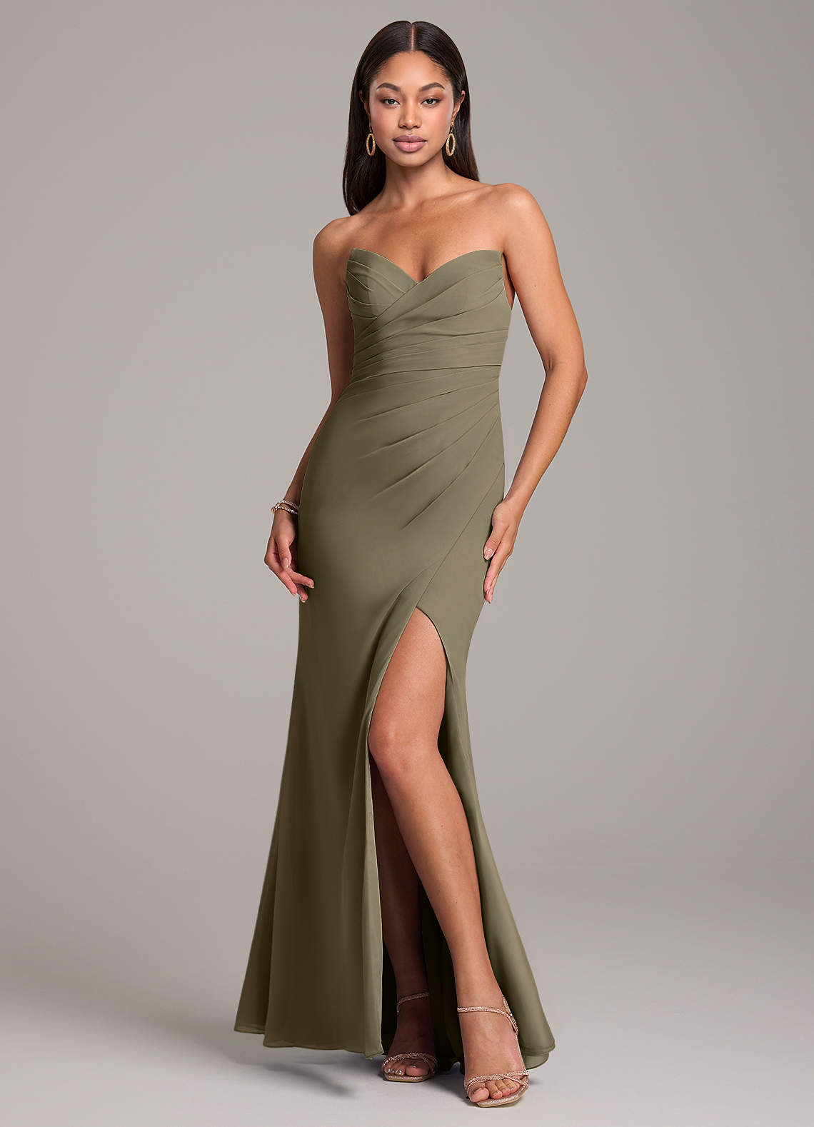Azazie Yola Bridesmaid Dresses Willow Green Sheath Pleated Chiffon Convertible Dress image1