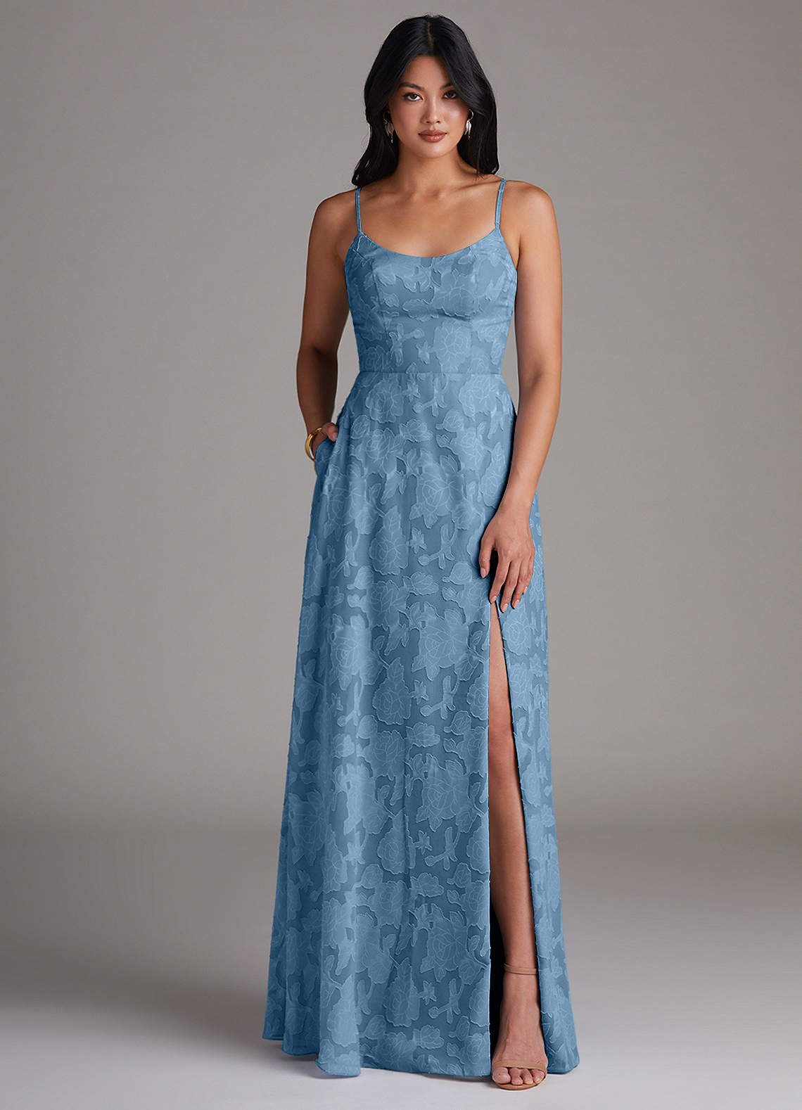 Azazie Moira Bridesmaid Dresses Steel Blue A-Line Side Slit Floral Burnout Dress image1