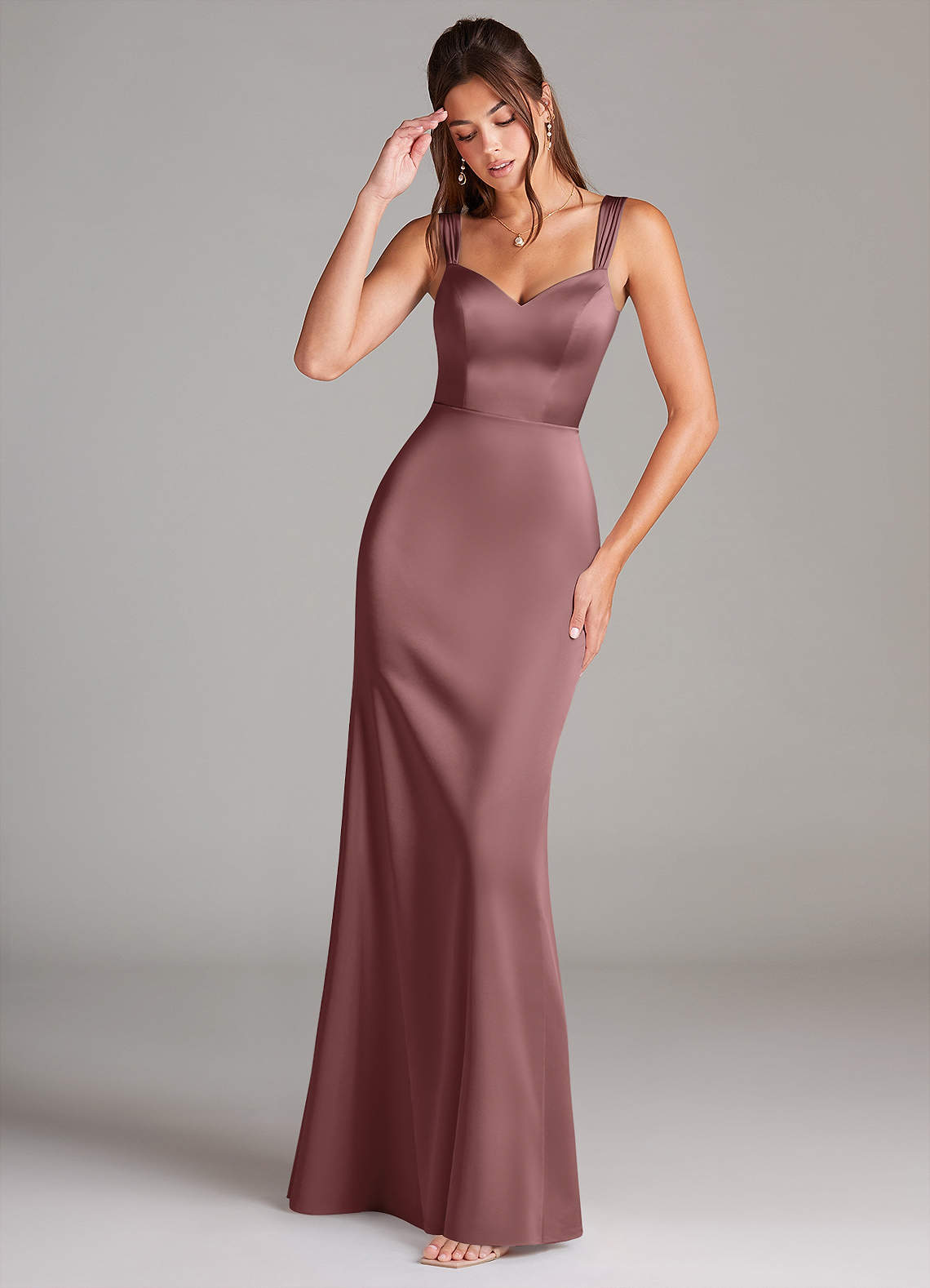 Azazie Denice Bridesmaid Dresses Vintage Mauve Sheath Pleated Stretch Satin Dress image1