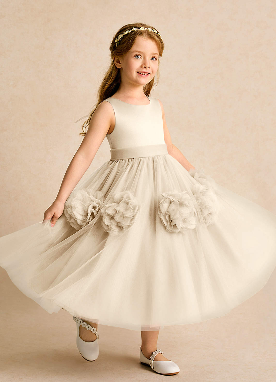 Azazie Vola Flower Girl Dresses Champagne Ball-Gown Sleeveless Tulle Dress image1