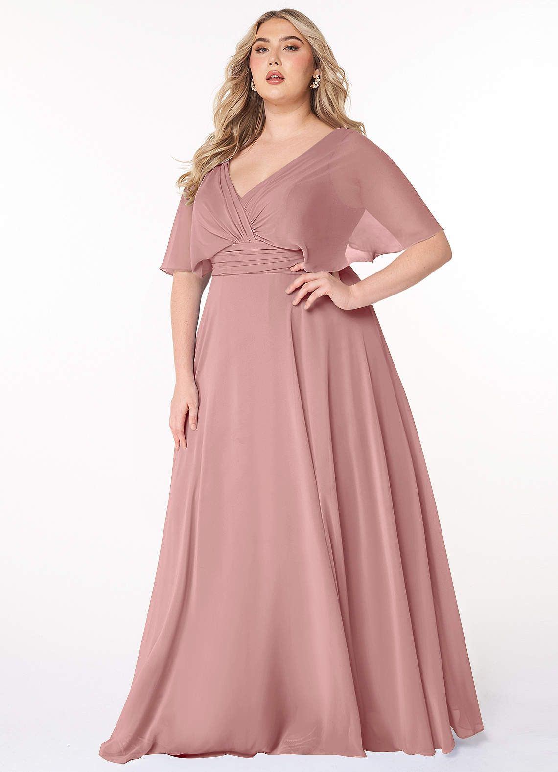 Azazie Pamela Robes de demoiselle d'honneur Robe Trapèze en Mousseline de soie Col V plissé Rose Poussiéreuse image1