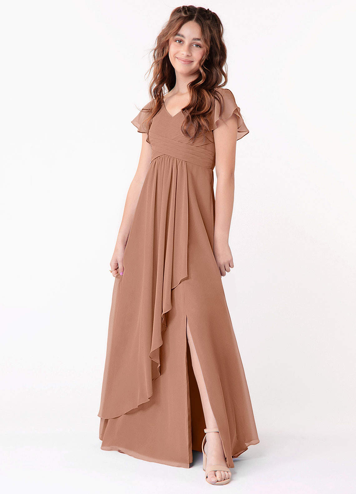 Azazie Omari Junior A-Linie Gestreift Chiffon Kleid Champagner Rosa image1