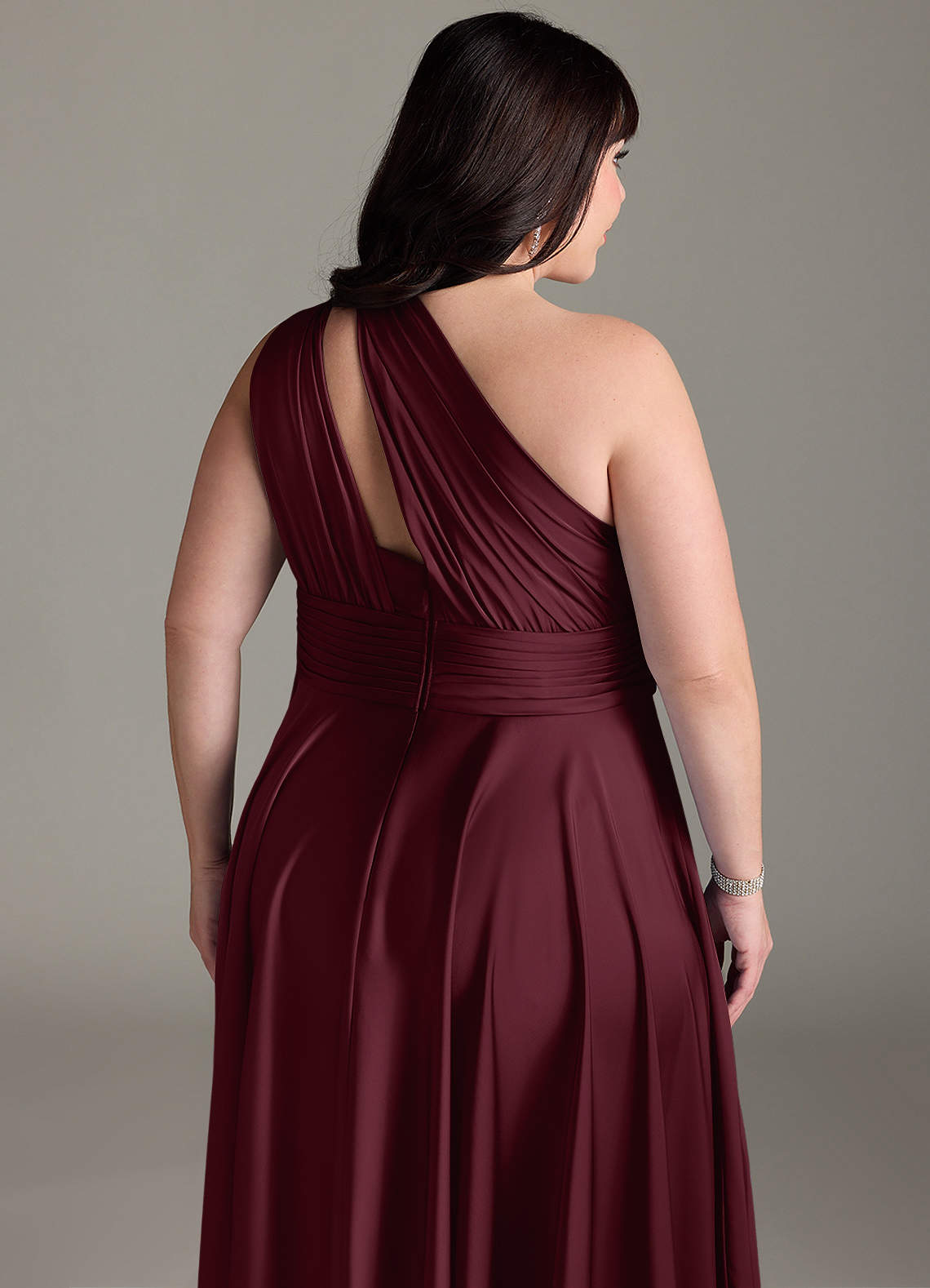 Azazie Charlize Bridesmaid Dresses Cabernet A-Line One Shoulder Stretch Satin Dress image15