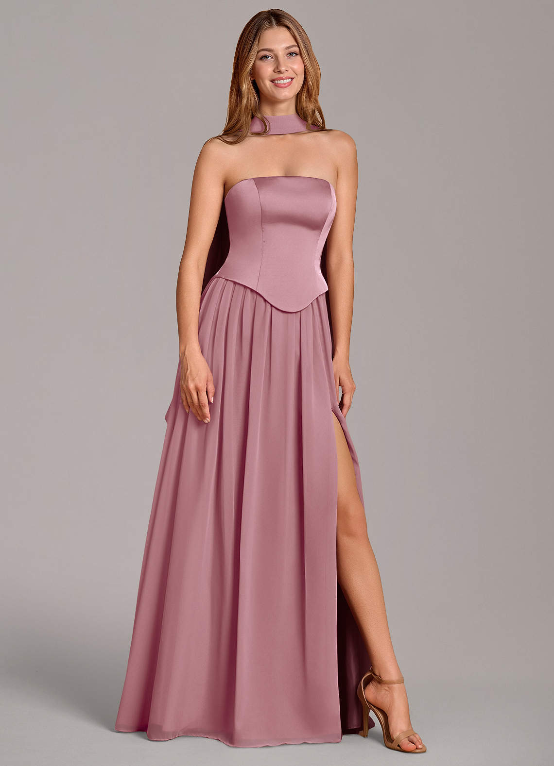 Azazie Cadence Jurken voor bruidsmeisjes Converteerbaar Jurk van Stretch Satijn met A-Lijn Korset Vintage Mauve image1