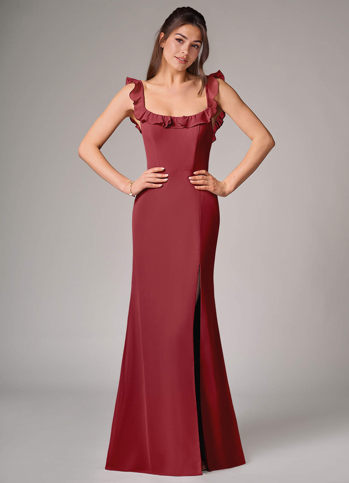 Azazie Callie Bridesmaid Dresses Pomegranate Mermaid Side Slit Chiffon Convertible Dress image1