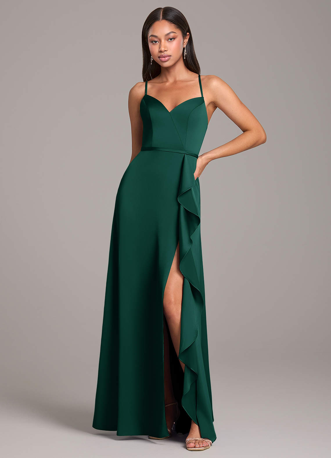Azazie Naeem Bridesmaid Dresses Emerald A-Line Stretch Satin Dress image1