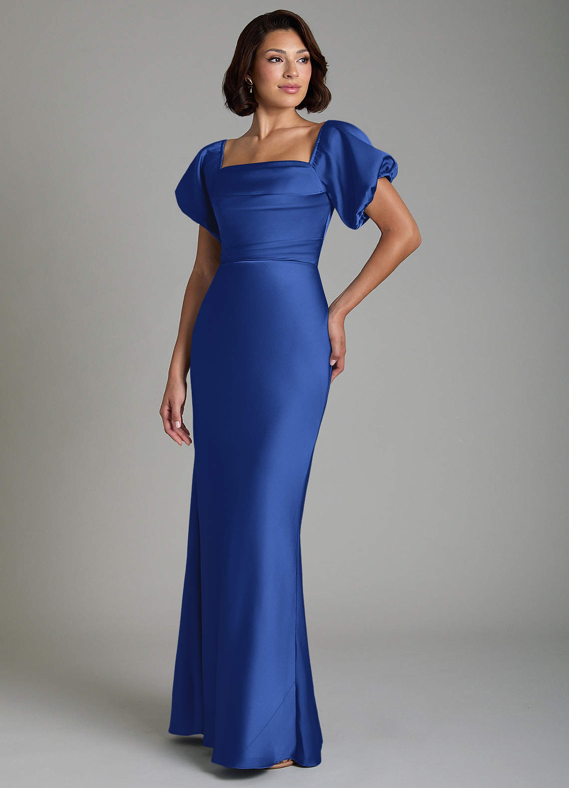 royal blue off shoulder bridesmaid dresses Azazie Lea Stretch Satin Long sleeves