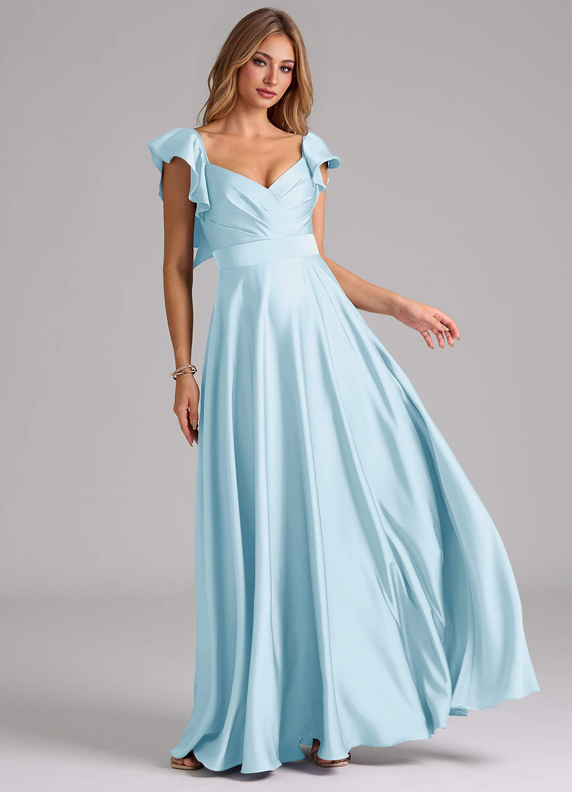 Azazie Leilani Bridesmaid Dresses Sky Blue A-Line Ruched Stretch Satin Dress image1