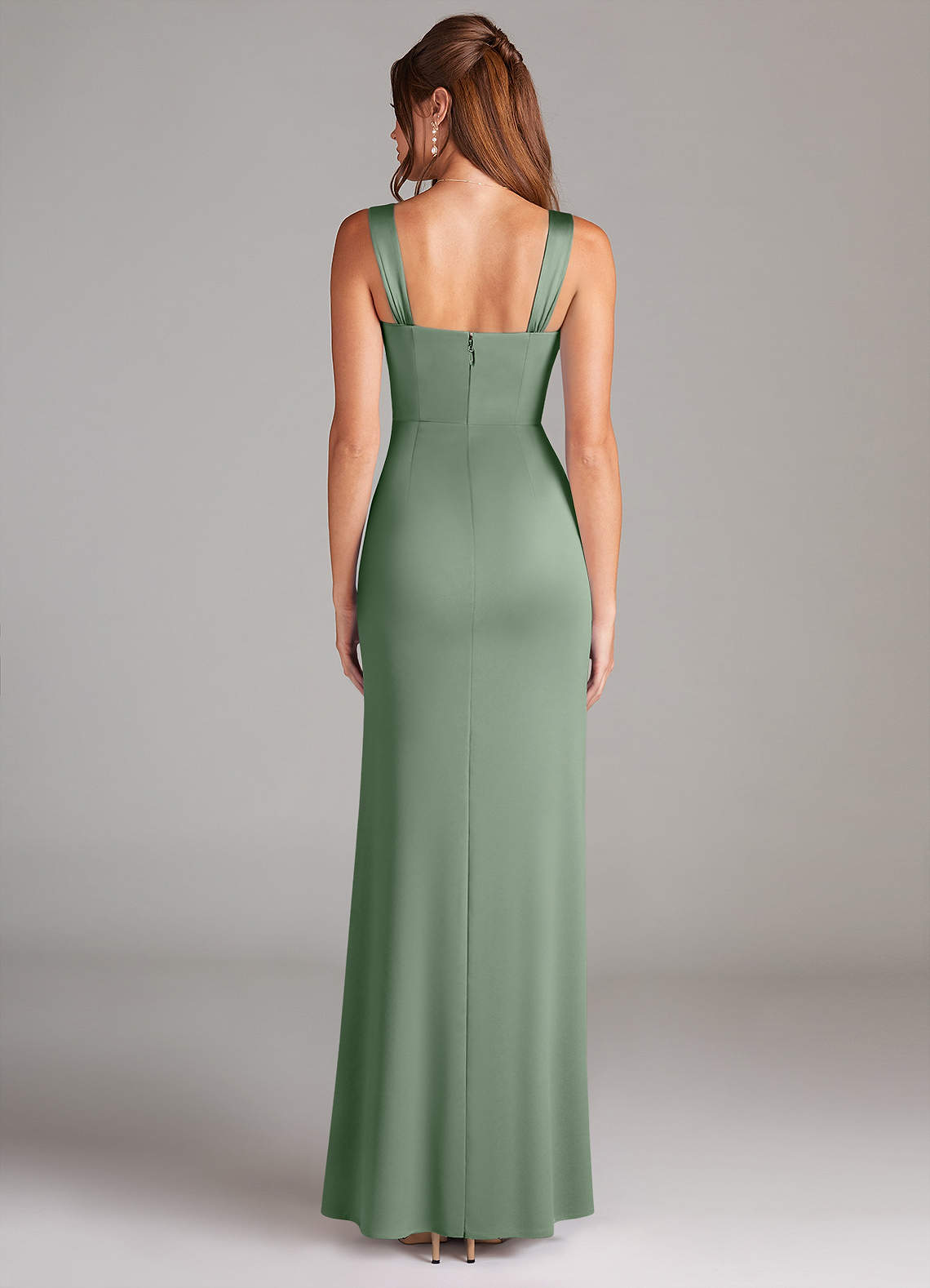 Azazie Denice Bridesmaid Dresses Matcha Sheath Pleated Stretch Satin Dress image1