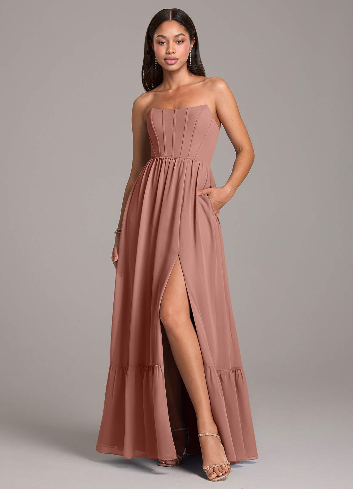 Azazie Kailee Bridesmaid Dresses Cedar Rose A-Line with Pockets Chiffon Dress image1