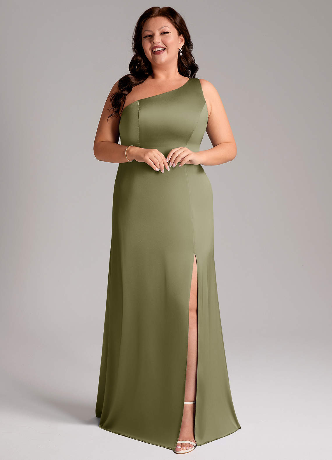Azazie Phaedra Vestidos de damas de honor Vestido de Pistacho de Satén Elástico de Corte en A con Hombro unilateral image12