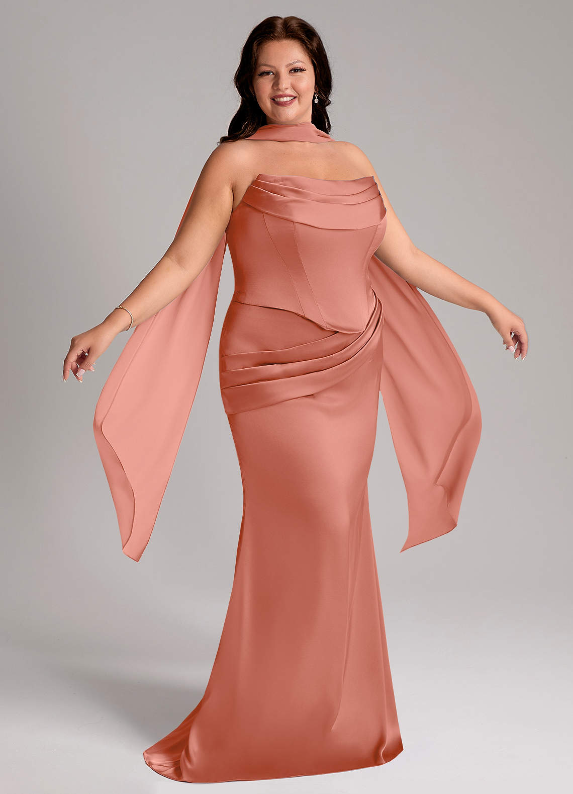 Azazie Sorrel Vestidos de madrinha de casamento Vestido Rosa Salmão de Cetim elástico de sereia com Sem alças image9