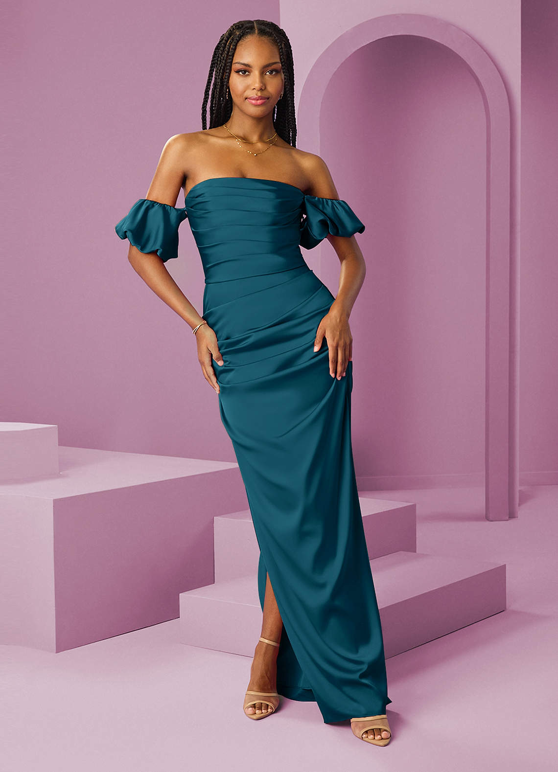 Barbie ♥ Azazie Jurken voor bruidsmeisjes Converteerbaar Jurk van Stretch Satijn met Kolom Off the Shoulder Inkt Blauw image1