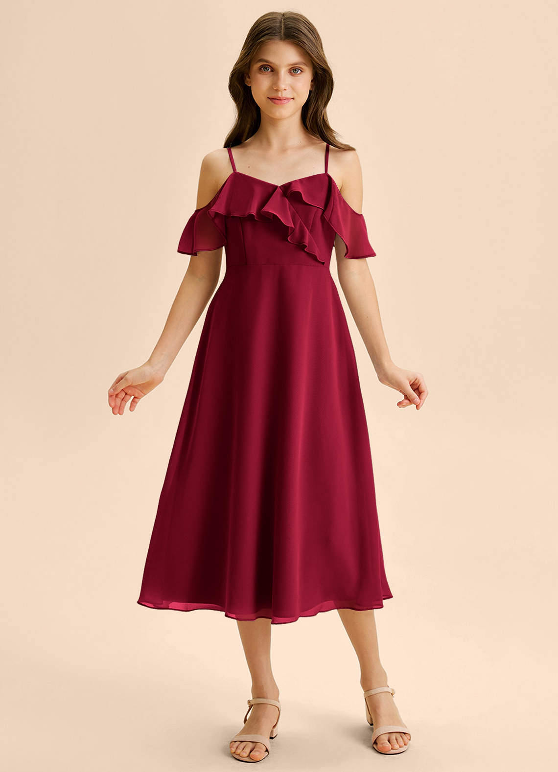 Azazie Kamilla Junior Abito A-Line in Chiffon a Spalla Scoperta Borgogna image5