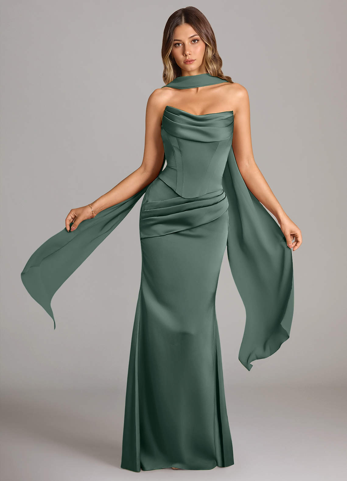 Azazie Sorrel Vestidos de damas de honor Vestido de Musgo Marino de Satén Elástico de Corte Sirena Convertible con Sin tirantes image1