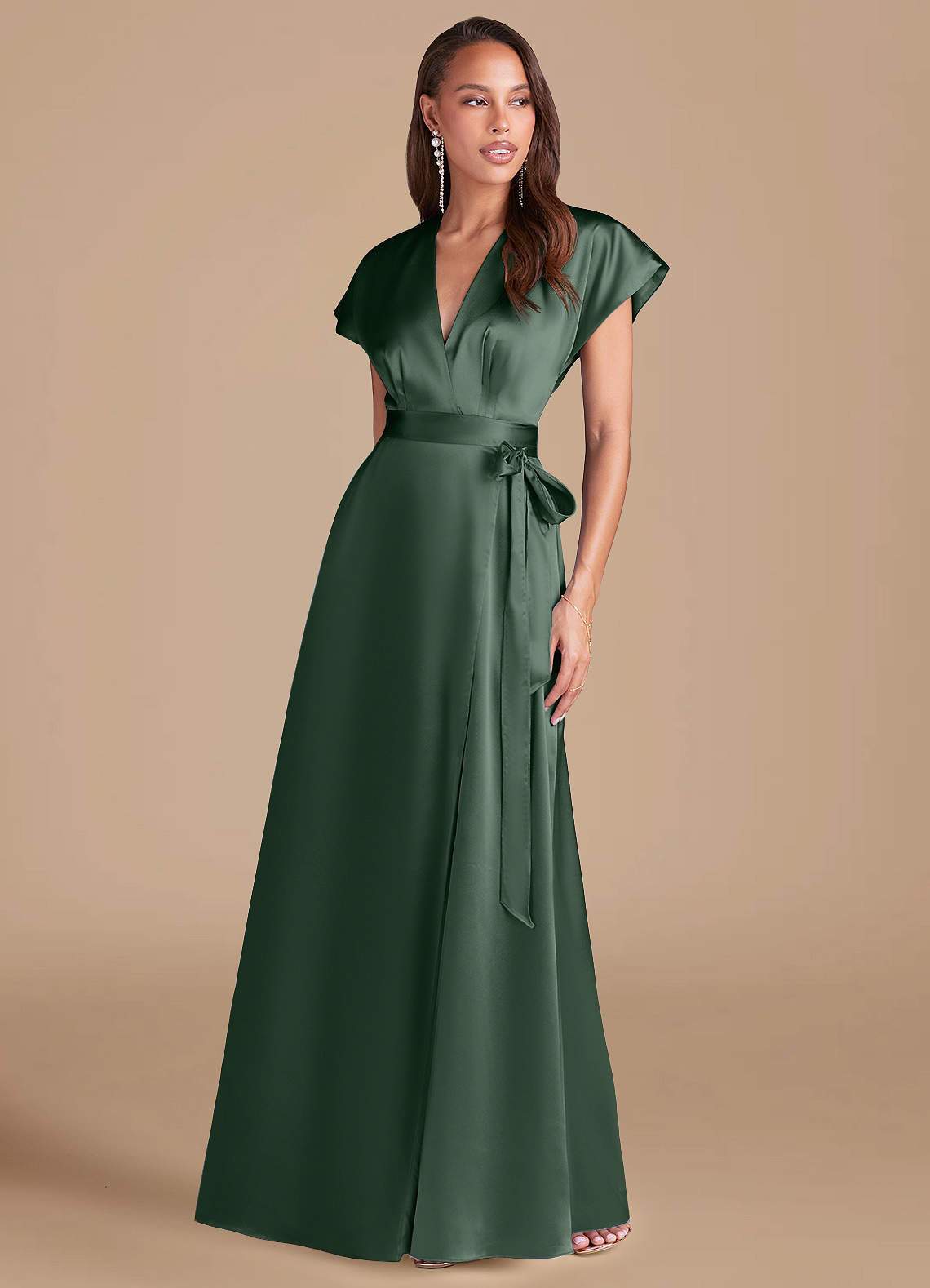 Azazie Nico Bridesmaid Dresses Eucalyptus A-Line Pleated Metallic Satin Dress image1