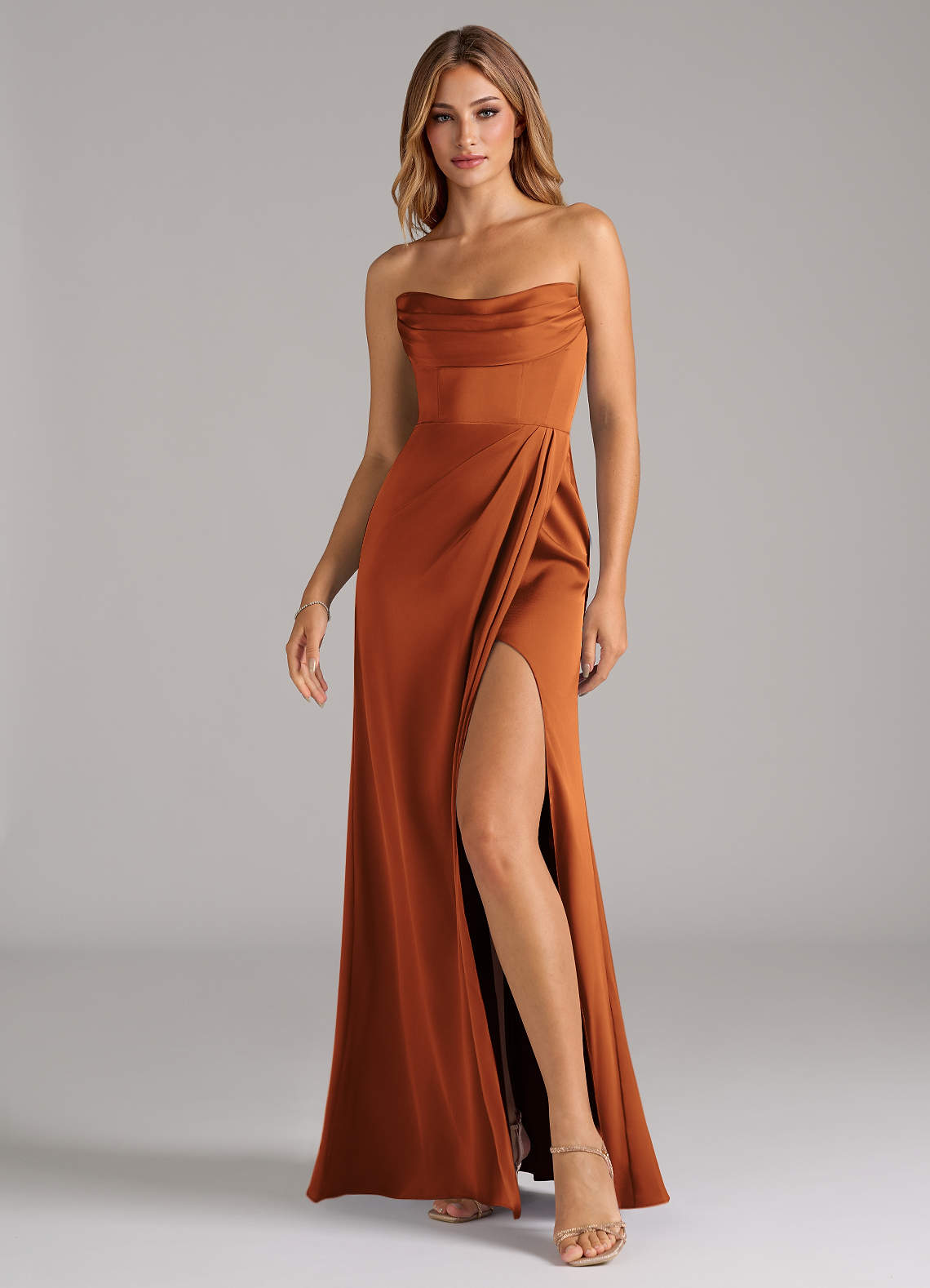 red bridesmaid dresses for plus size Roma Cinnamon Satin Bridesmaid Dress | Halterneck Maxi | Sizes 8–18