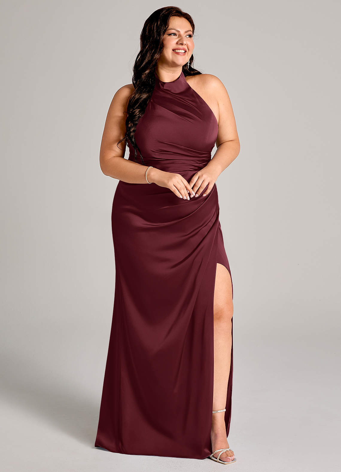 Azazie Jemma Bridesmaid Dresses Cabernet Sheath Pleated Stretch Satin Dress image10