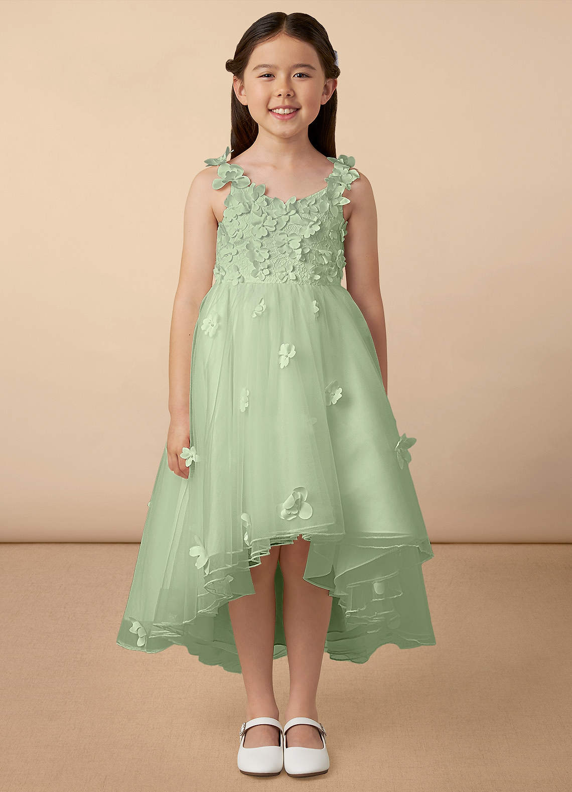 Azazie Ceres Flower Girl Dresses Dusty Sage Ball-Gown Lace Tulle Dress image1