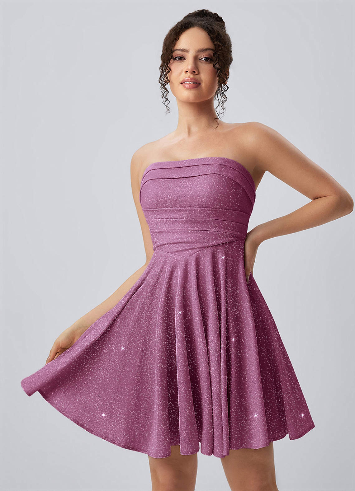 skater glitter dress Jacinthe Fuchsia Strapless Ruched Lace-Up Mini One Shoulder