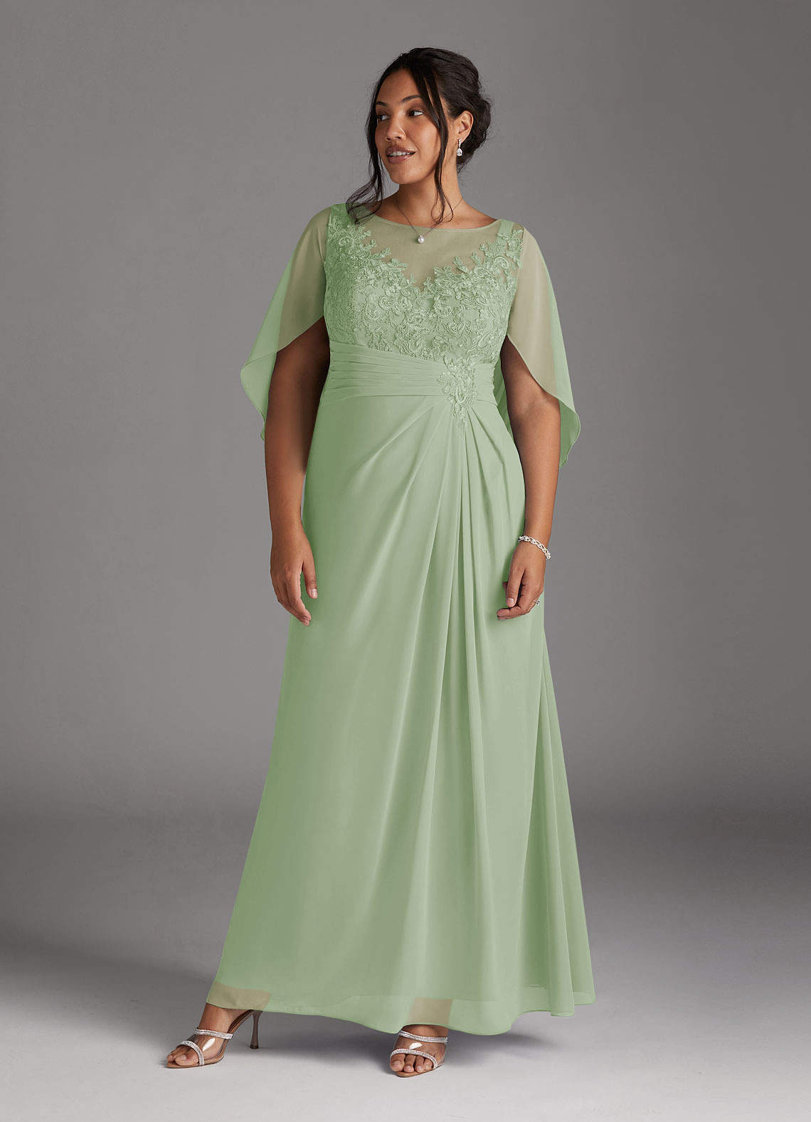 Azazie Hera Mother of the Bride Dresses Dusty Sage A-Line Lace Capelet Chiffon Dress image7