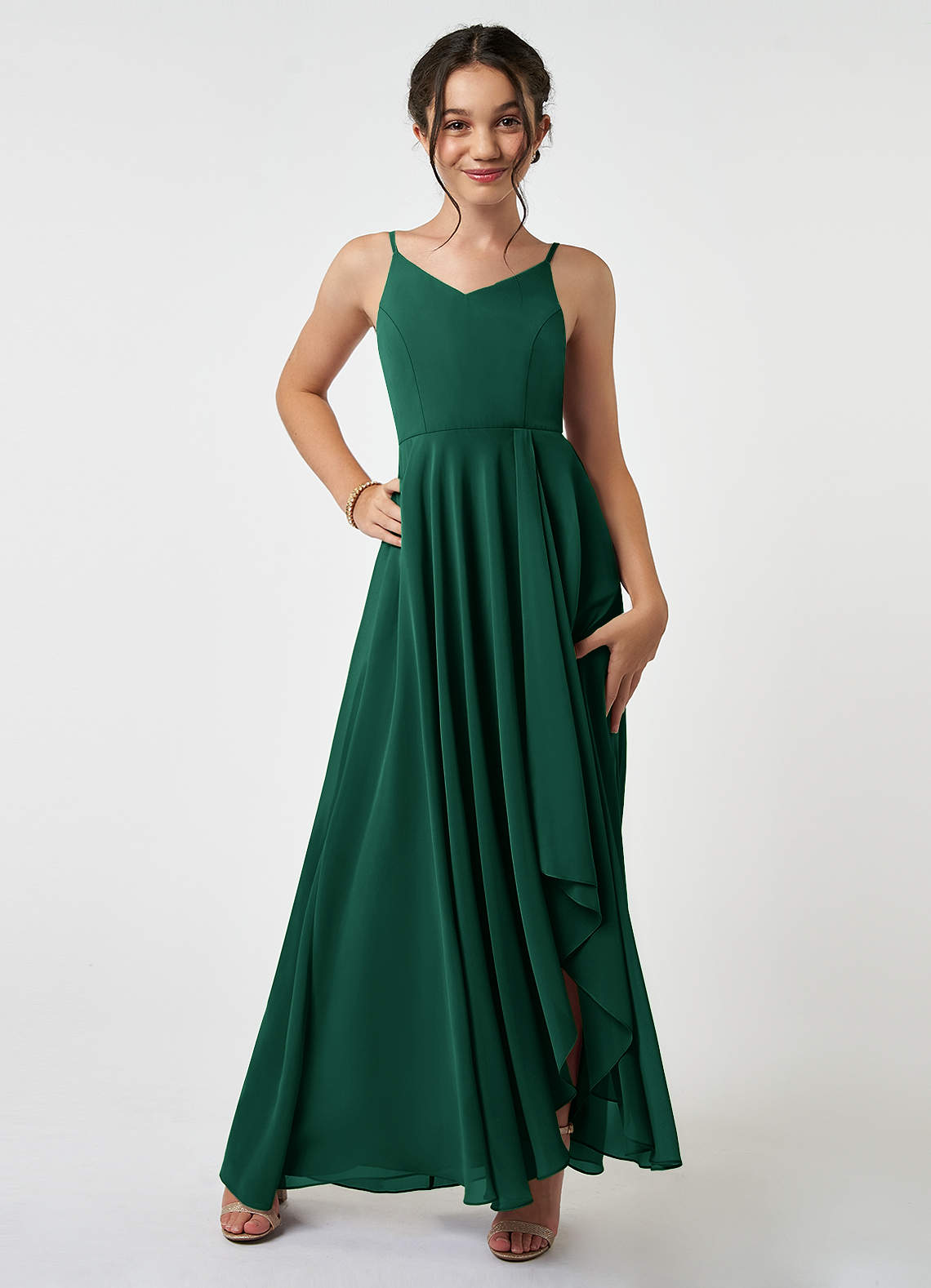 Azazie Collette Junior A-Linie Gestreift Chiffon Kleid Smaragd image1