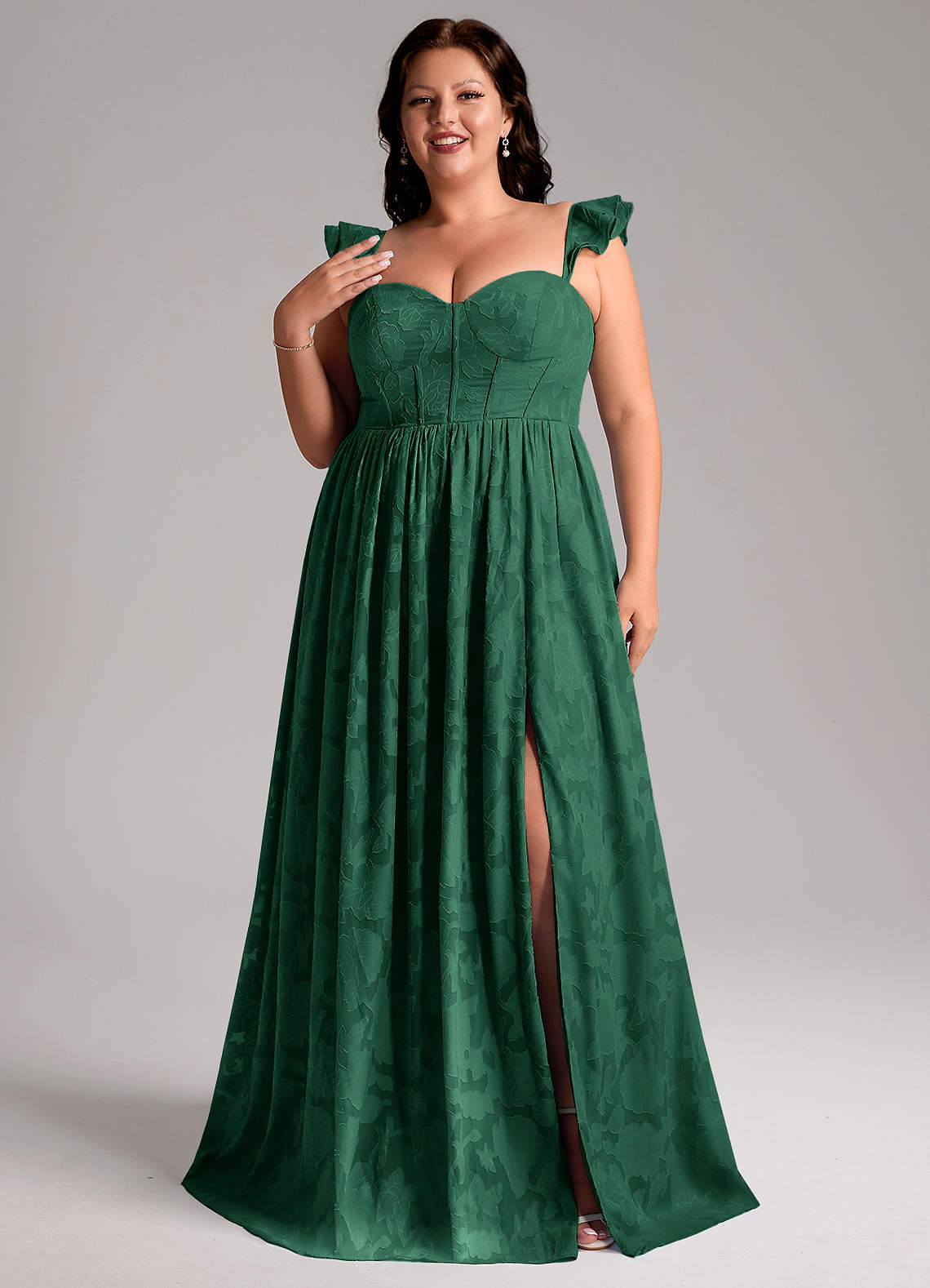 Azazie Denisse Robes de demoiselle d'honneur Robe Trapèze en Blumen-Burnout Rayé Vert Foncé image1