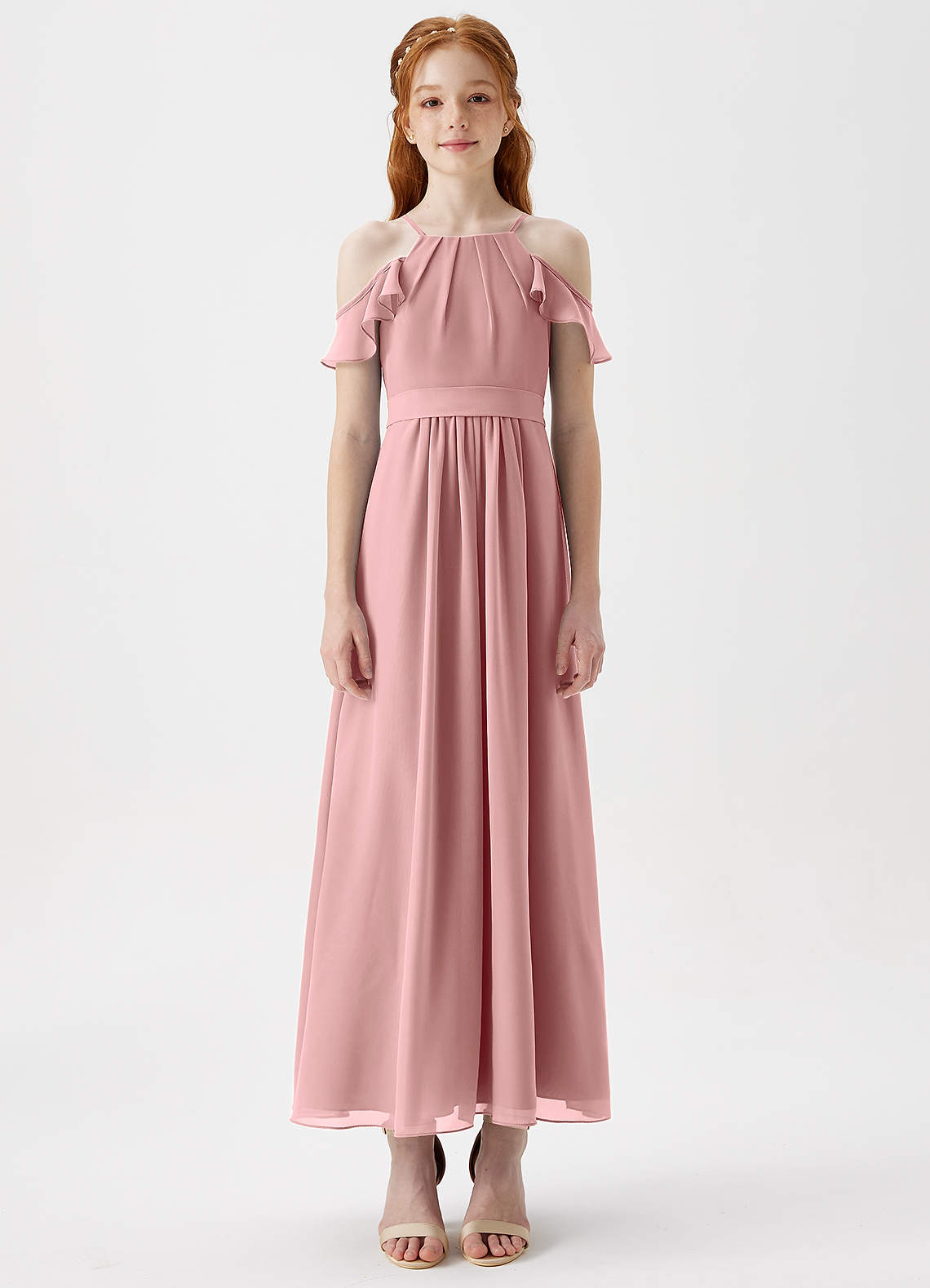 Azazie Chaya Junior Dusty Rose A-Line Off the Shoulder Chiffon Dress image2
