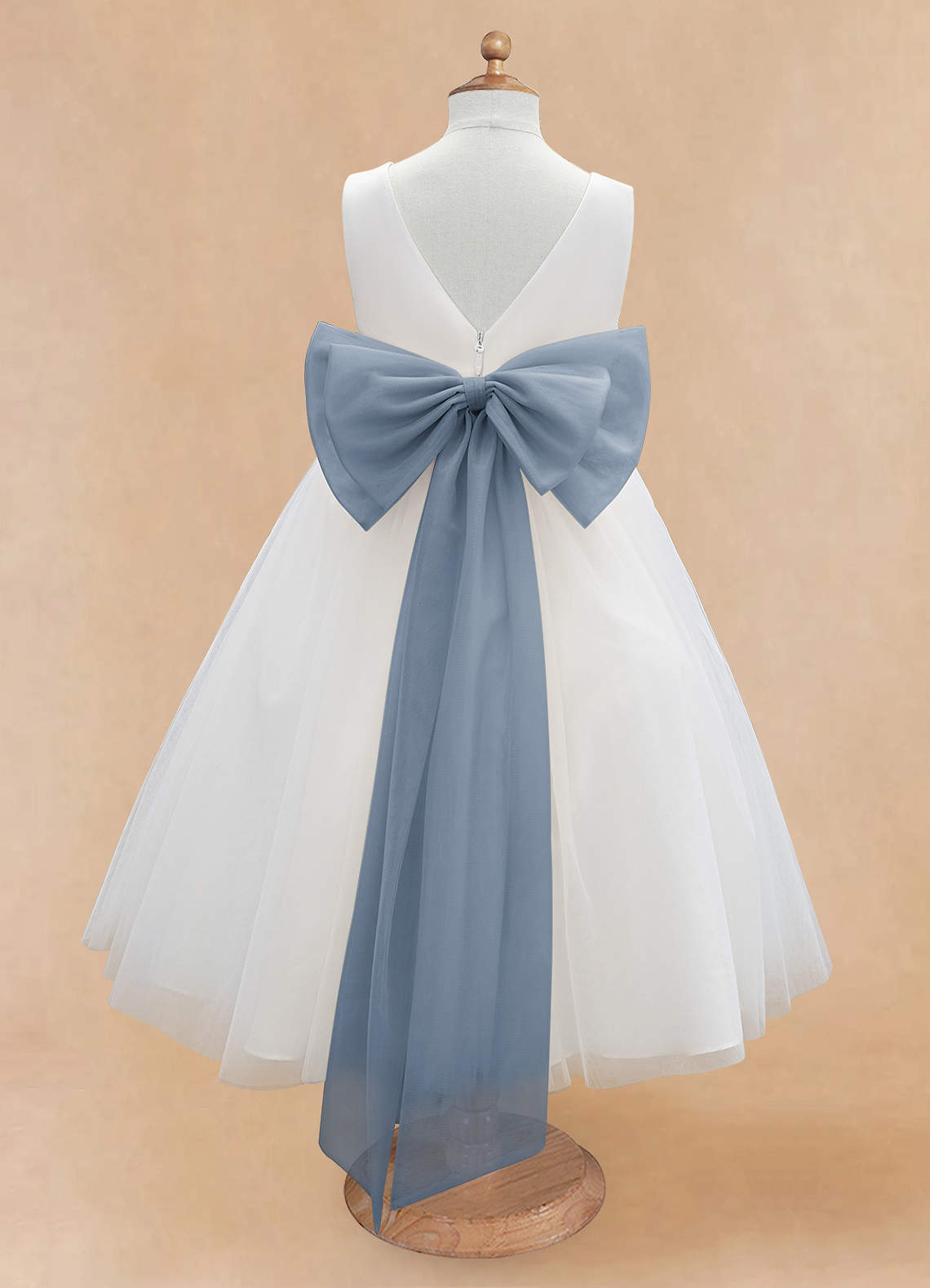 Azazie Kavi Flower Girl Dresses Ivory Dusty Blue A-Line Bow Matte Satin Dress image7