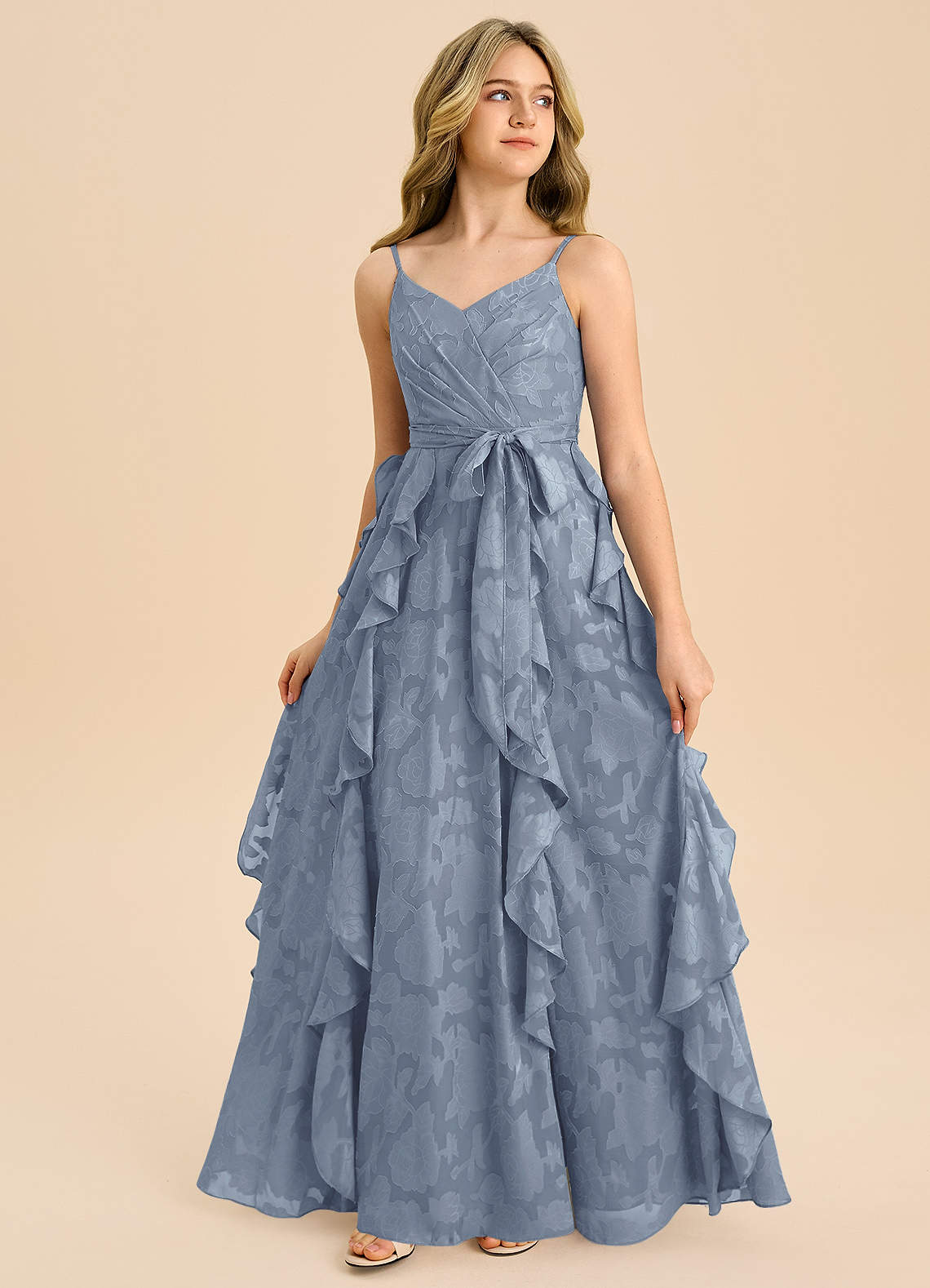 Azazie Peyton Junior Dusty Blue A-Line Pleated Floral Burnout Dress image3