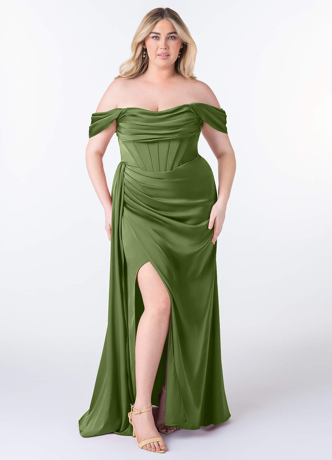 Azazie Amyra Bridesmaid Dresses Juniper Sheath Off the Shoulder Stretch Satin Convertible Dress image1