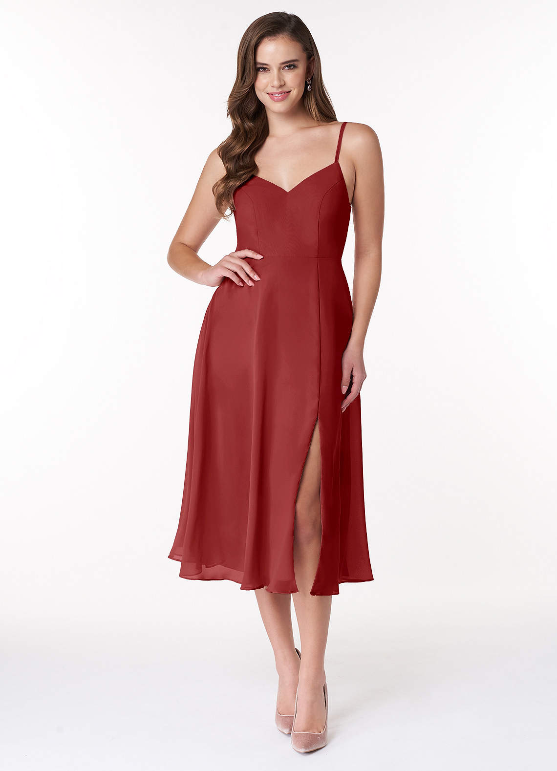 Azazie Clarissa Bridesmaid Dresses Rust A-Line V-Neck Chiffon Dress image1