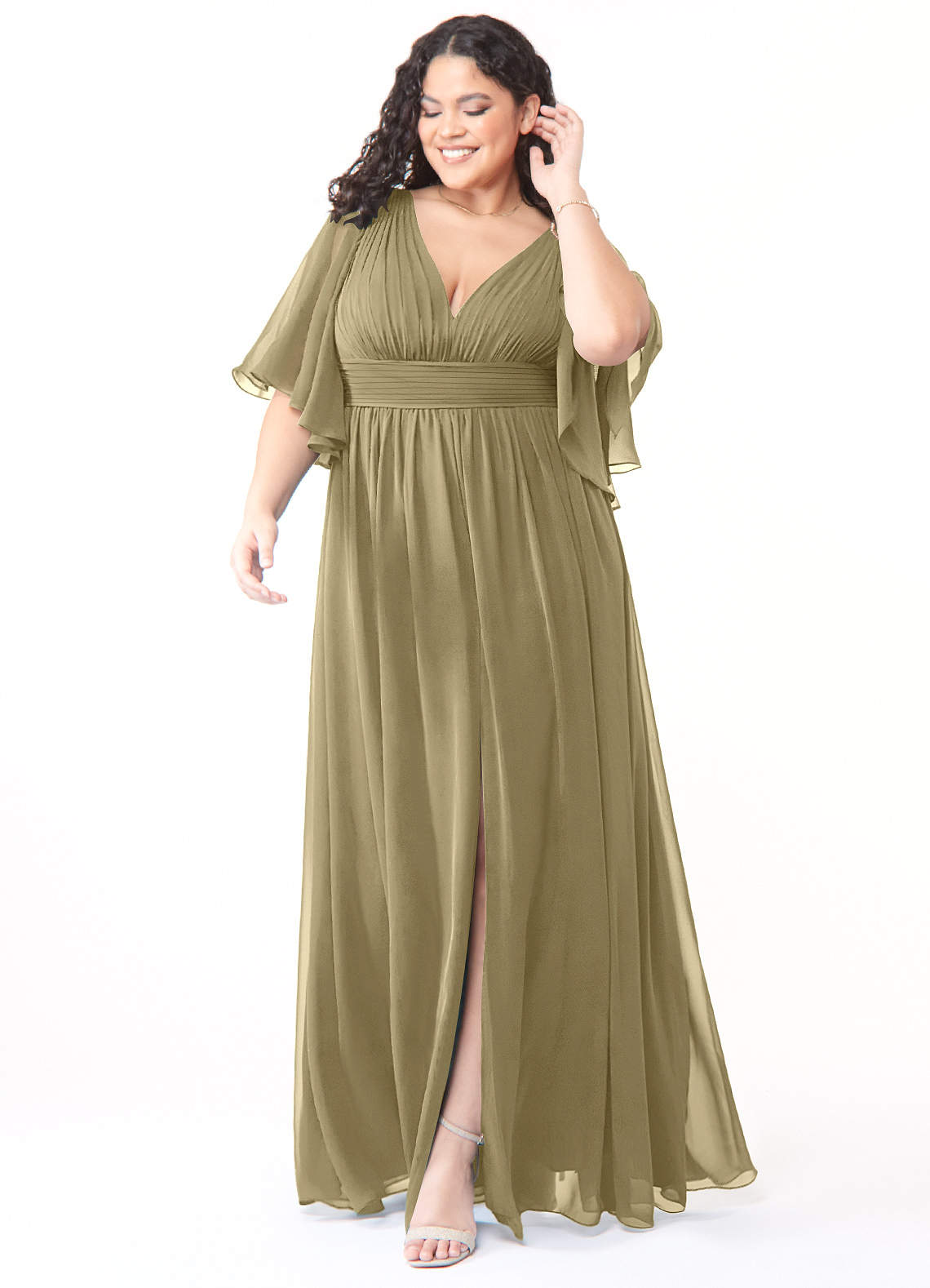 Azazie Temeka Robes de demoiselle d'honneur Robe Trapèze en Mousseline de soie Rayé Vert Mousse image1