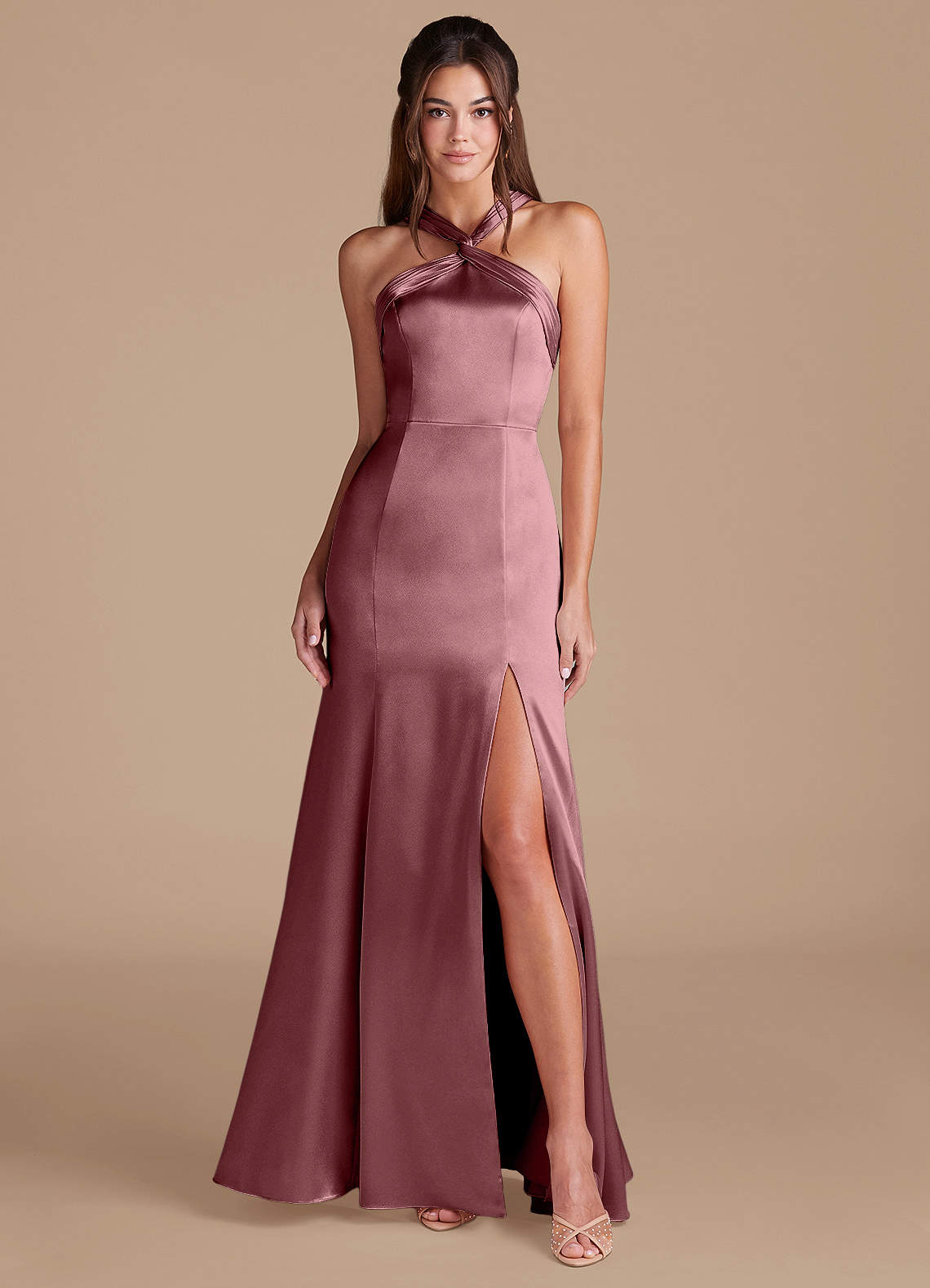 Azazie Rue Bridesmaid Dresses Vintage Mauve Sheath Pleated Metallic Satin Dress image1