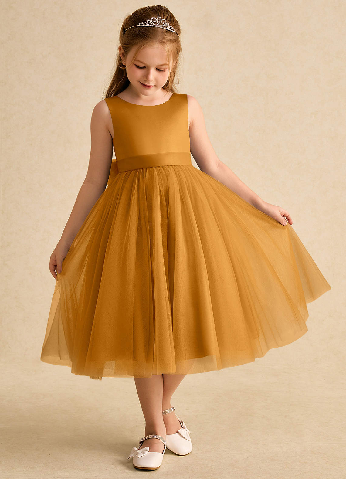 Azazie Winnie Robe Demoiselle D'honneur Fillette Robe Princesse en Tulle Arc Caramel écossais image1