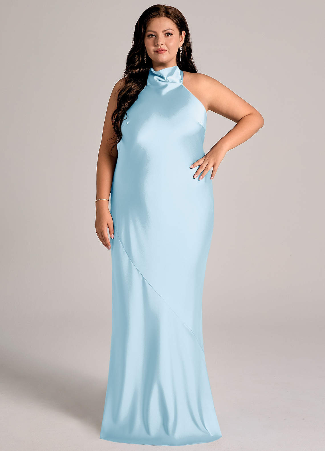 Azazie Velli Bridesmaid Dresses Sky Blue Mermaid High Neck Stretch Satin Dress image7
