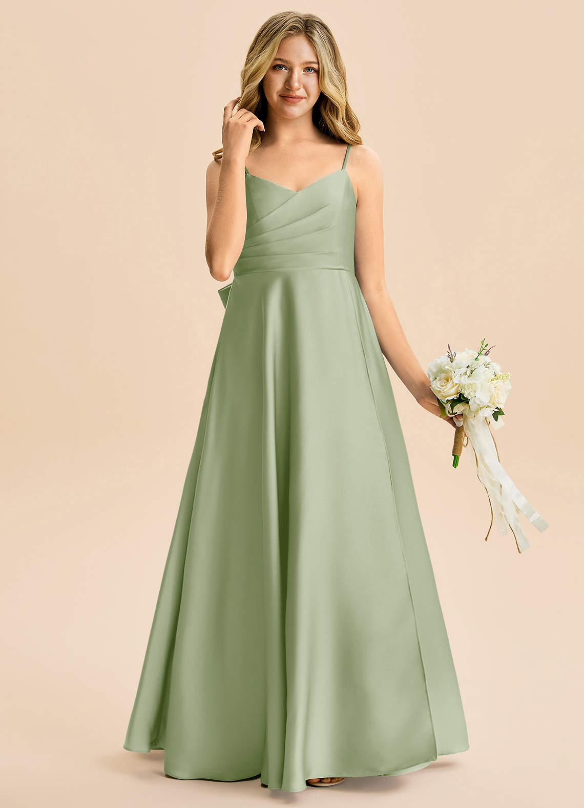 Azazie Rumi Junior A-Line Plisseret Stræk satin Gulv-længde Junior brudepige Kjole image3