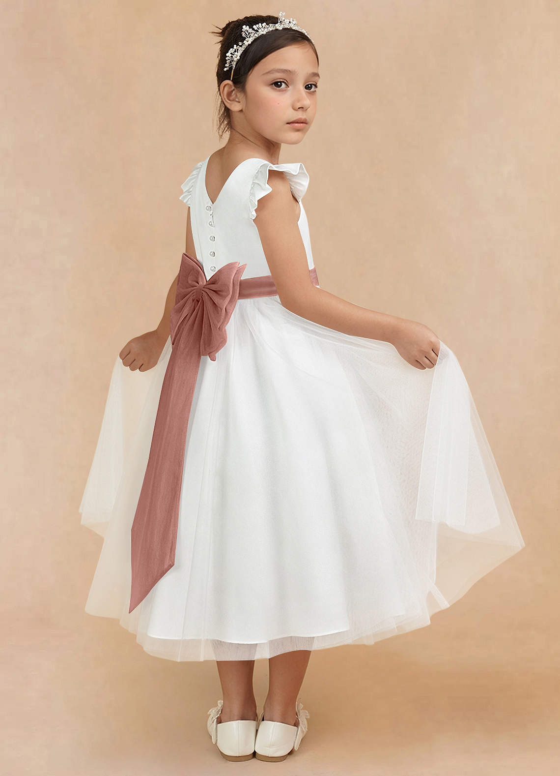 Azazie Hemi Flower Girl Dresses Ivory Cedar Rose A-Line Bow Tulle Dress image1