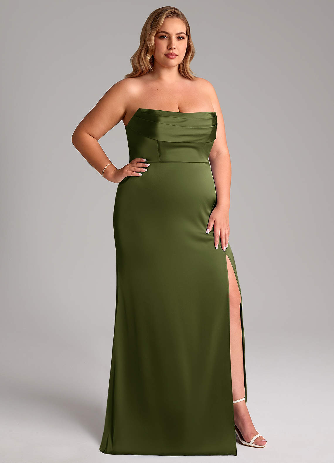 Azazie Saige Bridesmaid Dresses Olive Sheath Off the Shoulder Stretch Satin Dress image16