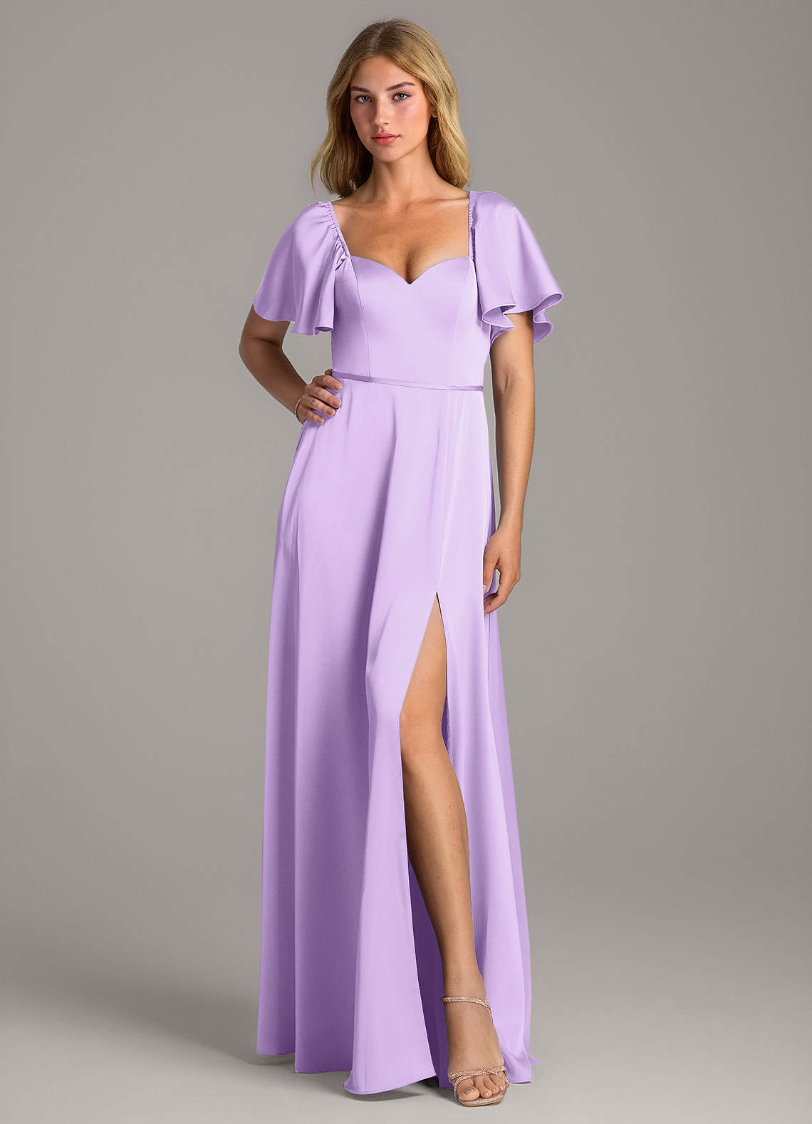 Azazie Chloe Robes de demoiselle d'honneur Robe Trapèze en Satin extensible Encolure en Forme de Cœur Lilas image1