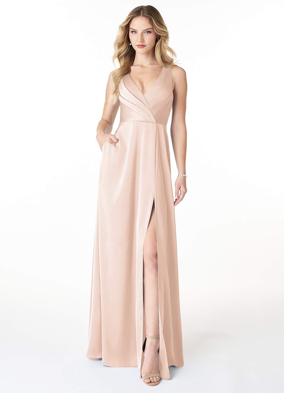 Azazie Nelly Bridesmaid Dresses Blushing Pink A-Line V-Neck Pleated Stretch Satin Dress image1