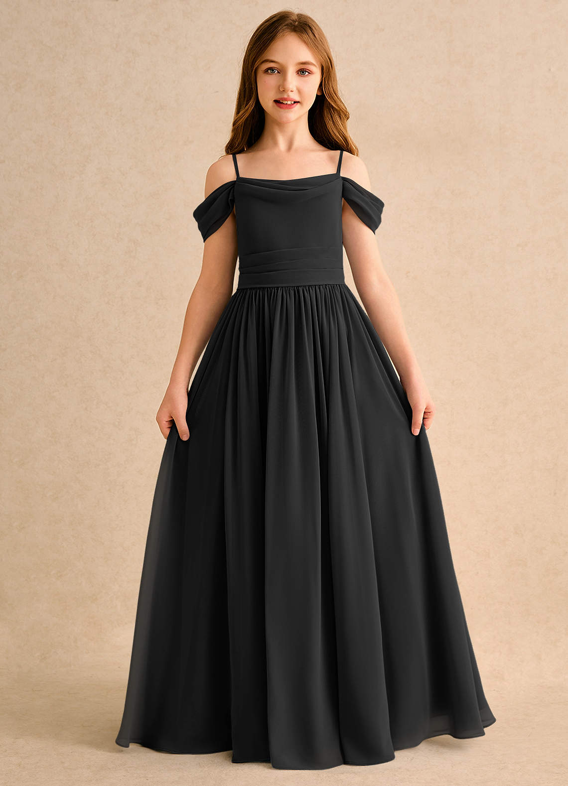 Azazie Shia Girls Formal Flower Girl Dresses Black A-Line Off the Shoulder Chiffon Dress image4