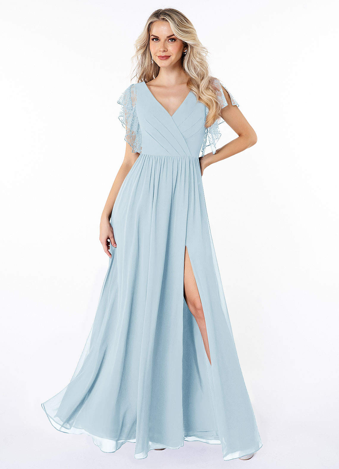 Azazie Zella Bridesmaid Dresses Sky Blue A-Line Lace Chiffon Dress image1